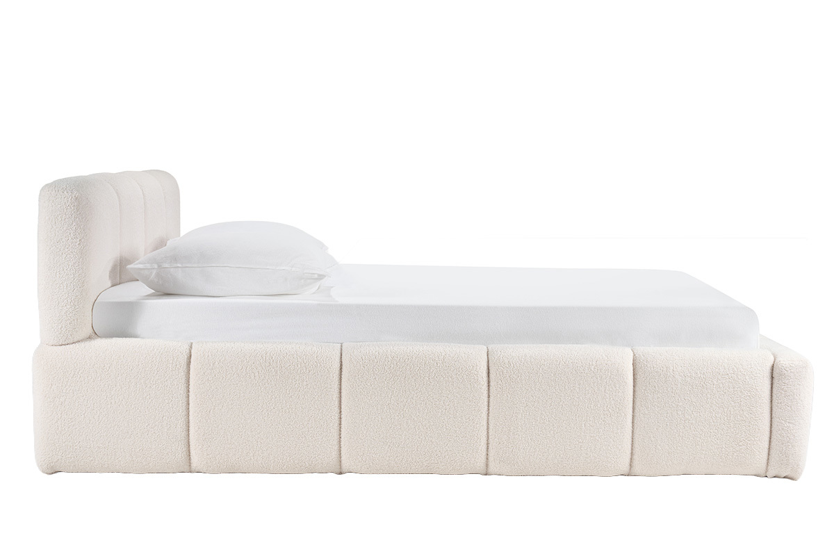 Lit coffre en tissu laine boucl�e, vue de profil, 160x200 cm, avec sommier.