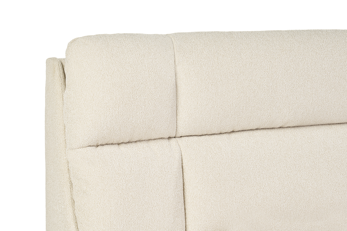D�tail de la t�te de lit rembourr�e beige en tissu textur� du lit coffre HONO.