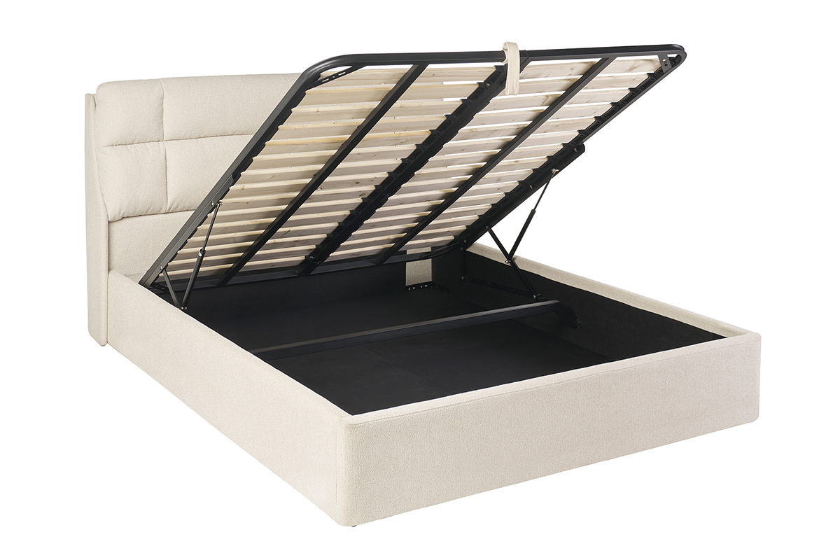 Lit coffre 160x200 cm beige HONO avec sommier ouvert, vue 3/4 c�t�.