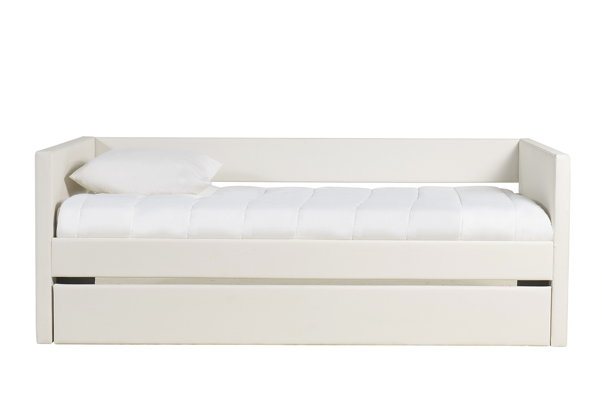 Lit gigogne blanc 90x190 cm ELIE, vue de face, avec matelas et oreiller.
