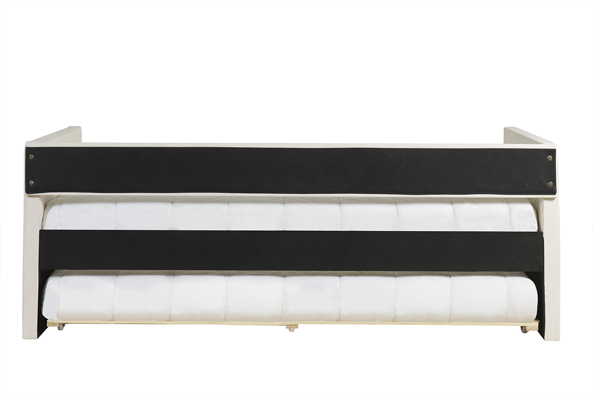 Lit gigogne blanc ELIE 90x190 cm avec barri�re noire, vue de face.