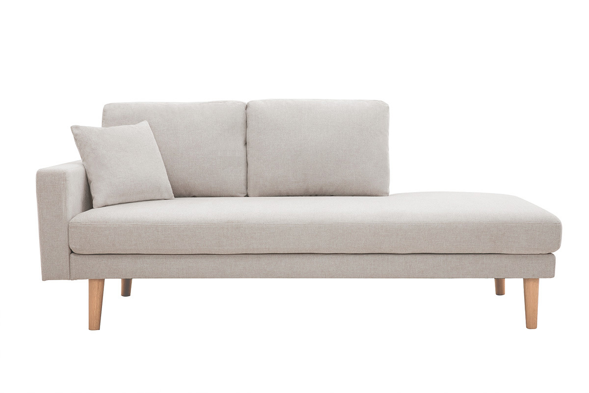 M�ridienne scandinave en tissu effet velours textur� beige et bois clair BERTILLE