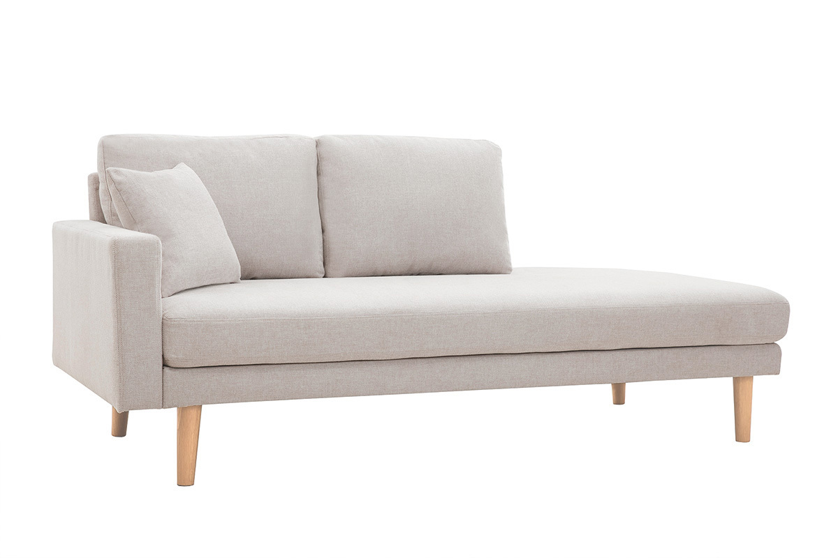 M�ridienne scandinave en tissu effet velours textur� beige et bois clair BERTILLE