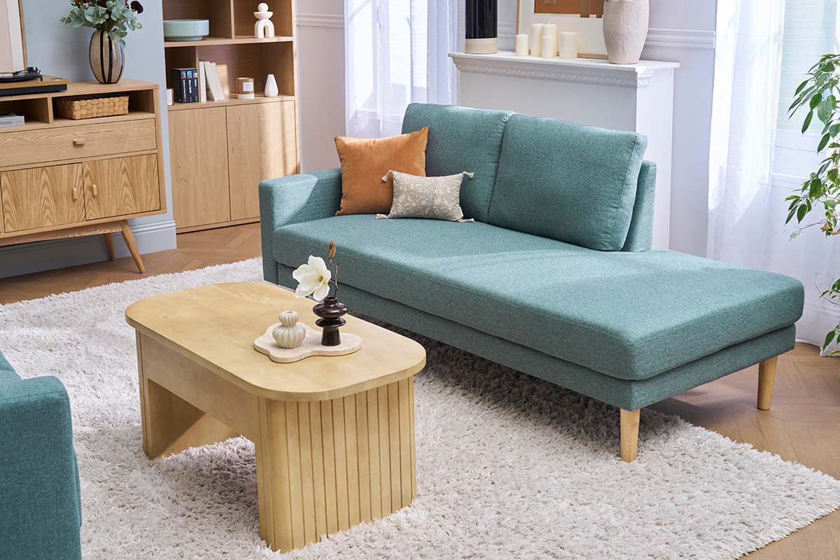 M�ridienne scandinave en tissu vert de gris et bois clair massif L190 cm BERTILLE