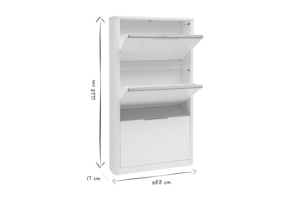 Meuble � chaussures 3 portes blanc laqu� en noir et blanc avec dimensions, vue de c�t�.