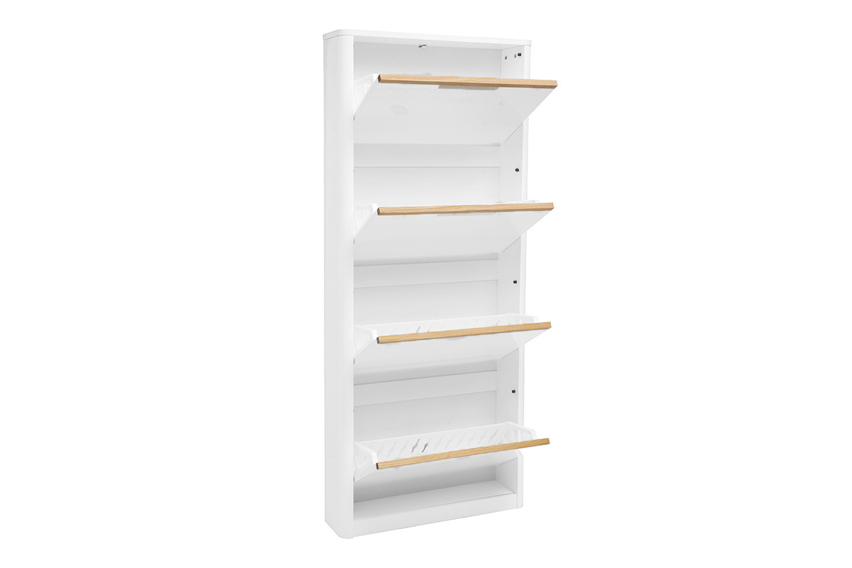 Meuble � chaussures blanc 4 portes basculantes avec poign�es bois, vue de trois quarts.