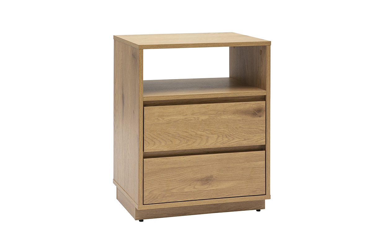 Meuble de rangement SEVILLE, bois ch�ne clair, deux tiroirs, niche ouverte, vue de 3/4.