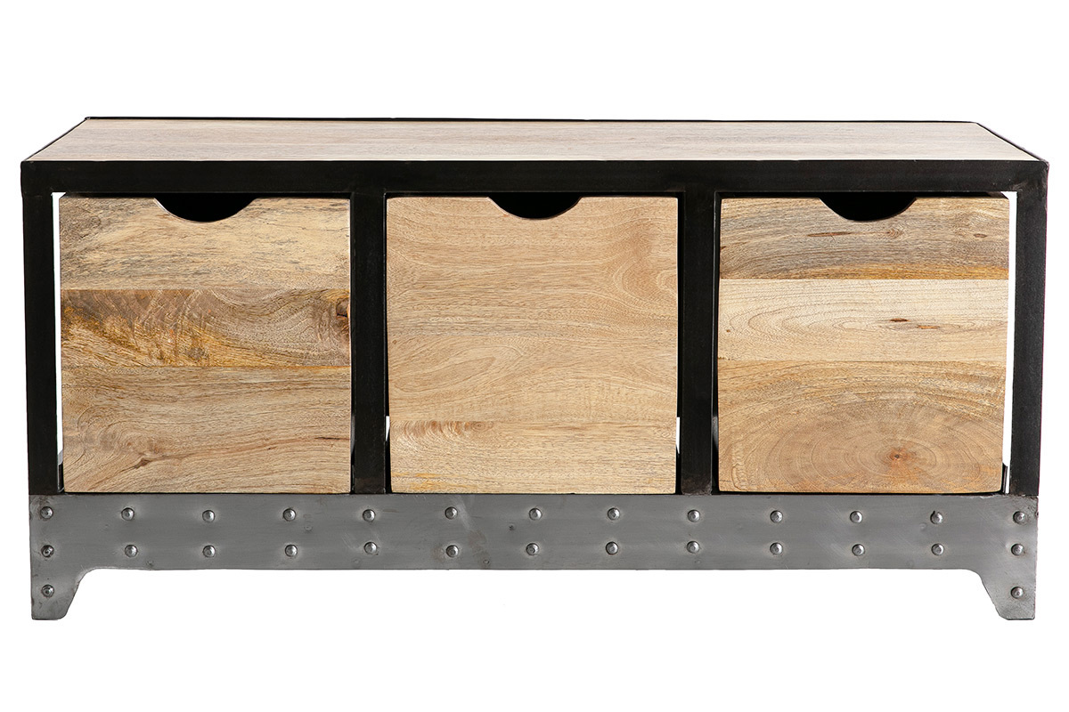 Meuble de rangement industriel en bois manguier massif et m�tal noir avec 3 tiroirs, vue de face.