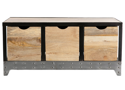 Meuble de rangement industriel en bois manguier massif et m&eacute;tal noir 3 tiroirs L100 cm ATELIER