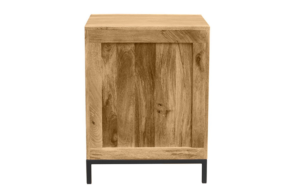 Meuble de rangement vinyles en bois massif avec pied en m�tal noir, vue de dos.