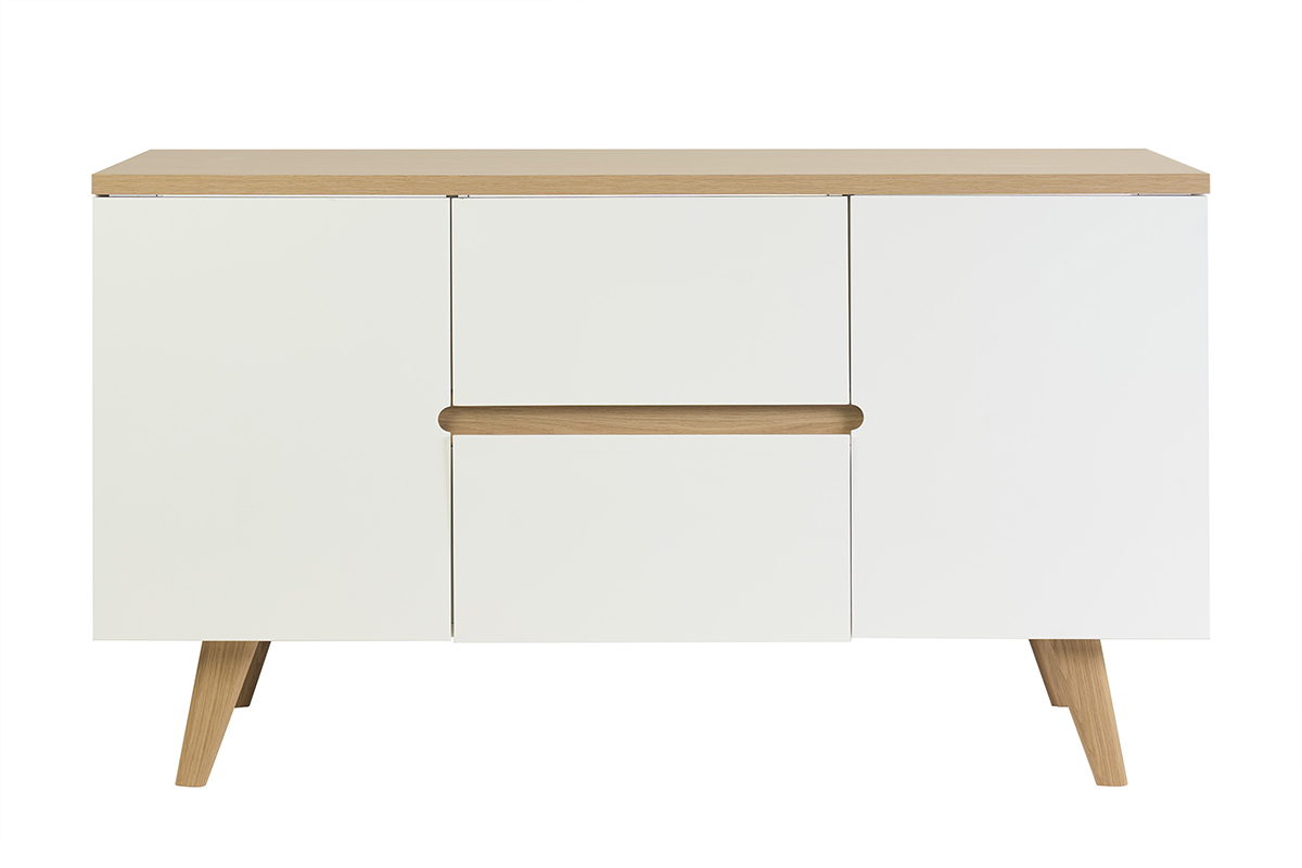Meuble de salle de bain blanc laqu� brillant et bois clair, vue de face