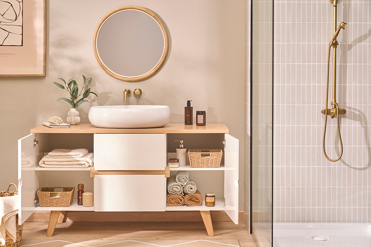 Meuble de salle de bain blanc laqu� brillant et finition bois clair L140 cm MELKA