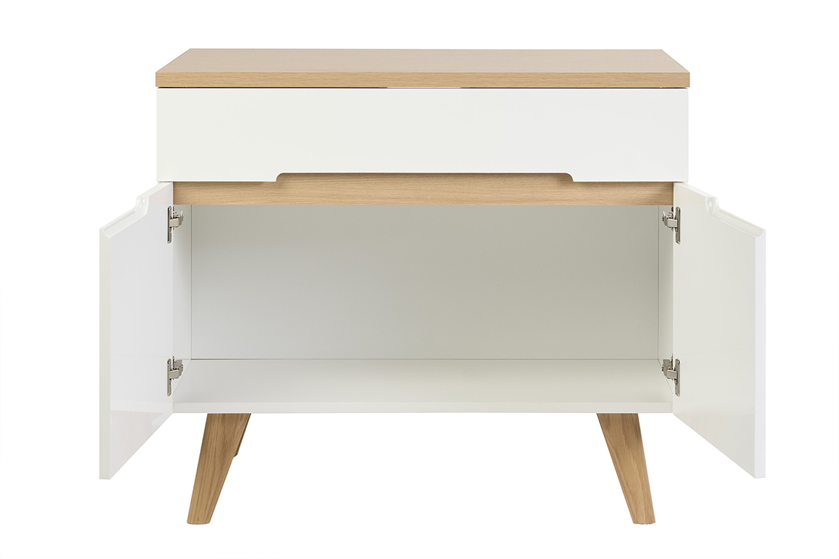 Meuble de salle de bain blanc laqu� brillant avec plateau bois clair, vue de face, portes ouvertes.