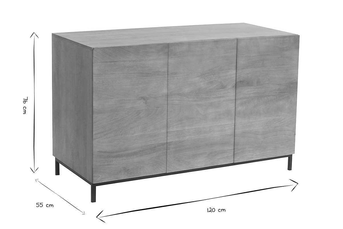 Dimensions du meuble de salle de bain en bois manguier massif, L120 cm, H76 cm, P55 cm, en noir et blanc.