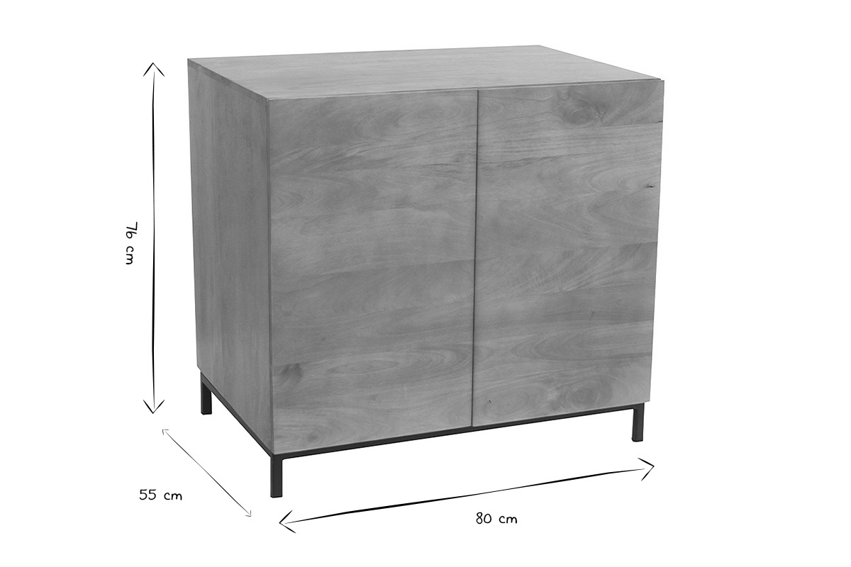 Dimensions du meuble de salle de bain en bois manguier massif, L80 x P55 x H76 cm en noir et blanc.