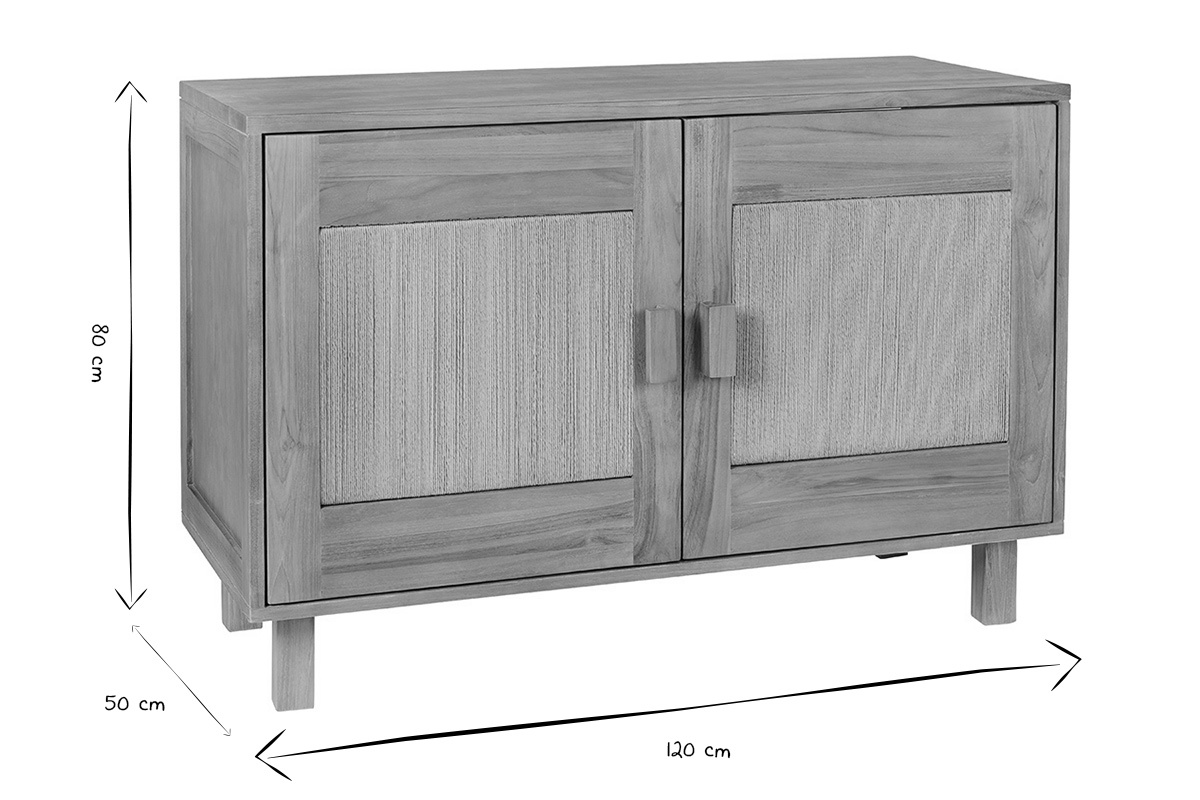 Dimensions du meuble de salle de bain en bois teck massif, L120 x P50 x H80 cm, en noir et blanc