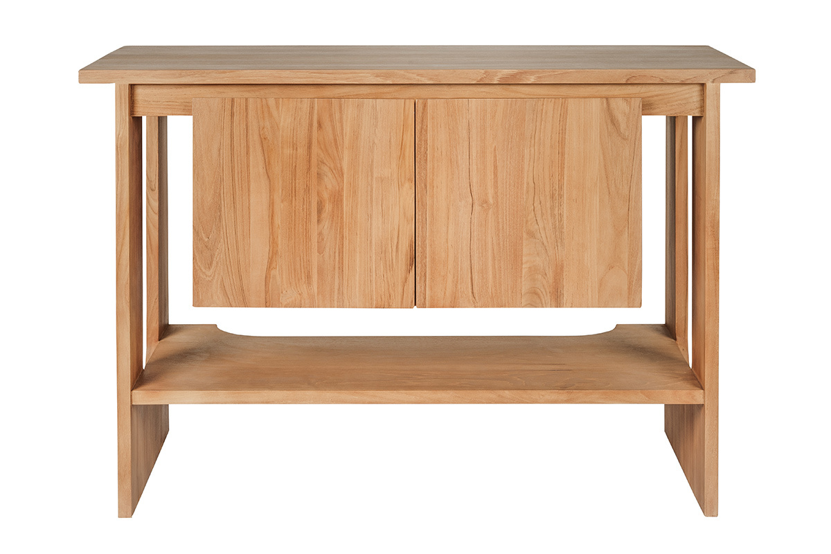 Meuble de salle de bain en bois teck massif L120 cm ALBE, vue de face avec portes ferm�es