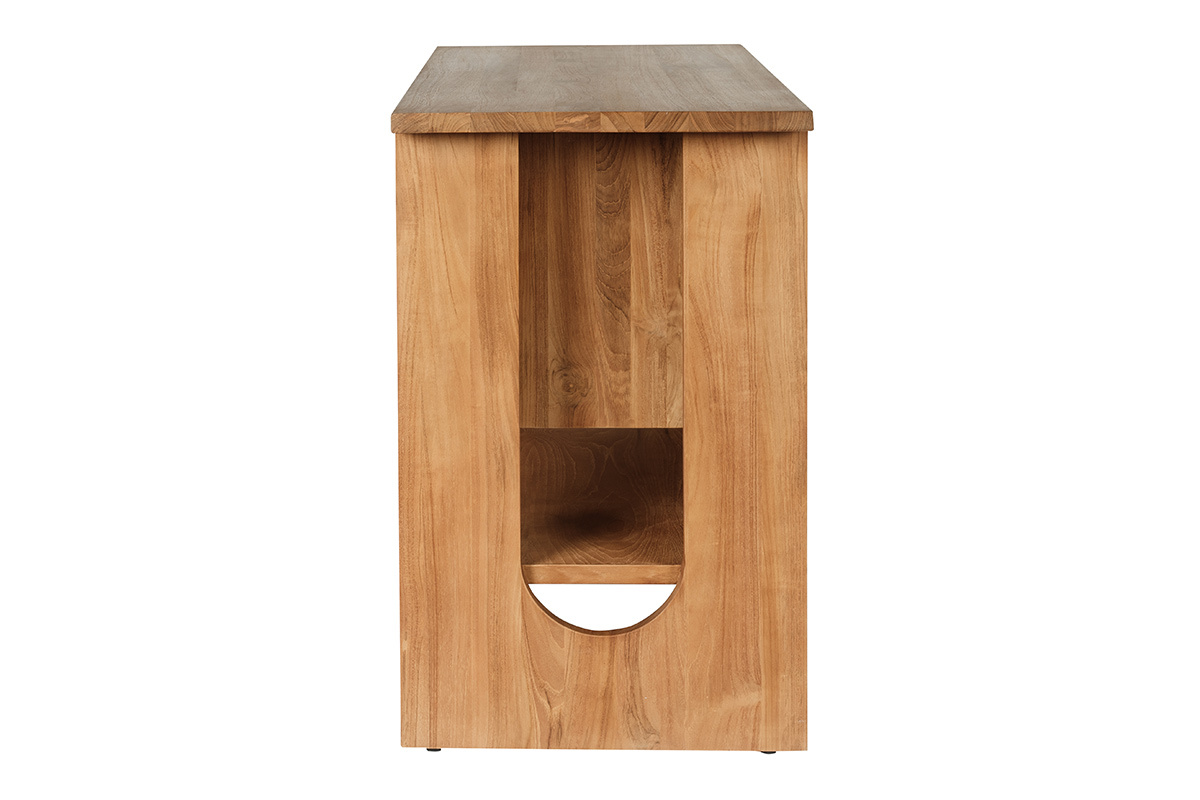 Meuble de salle de bain en teck massif, vue de profil, avec un rangement ouvert.