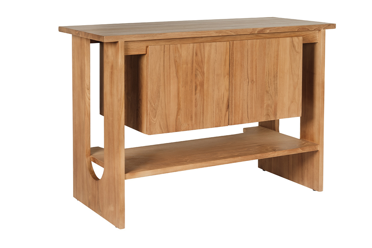 Meuble de salle de bain en bois teck massif, fa�ade avec portes, �tag�re inf�rieure, vue de 3/4