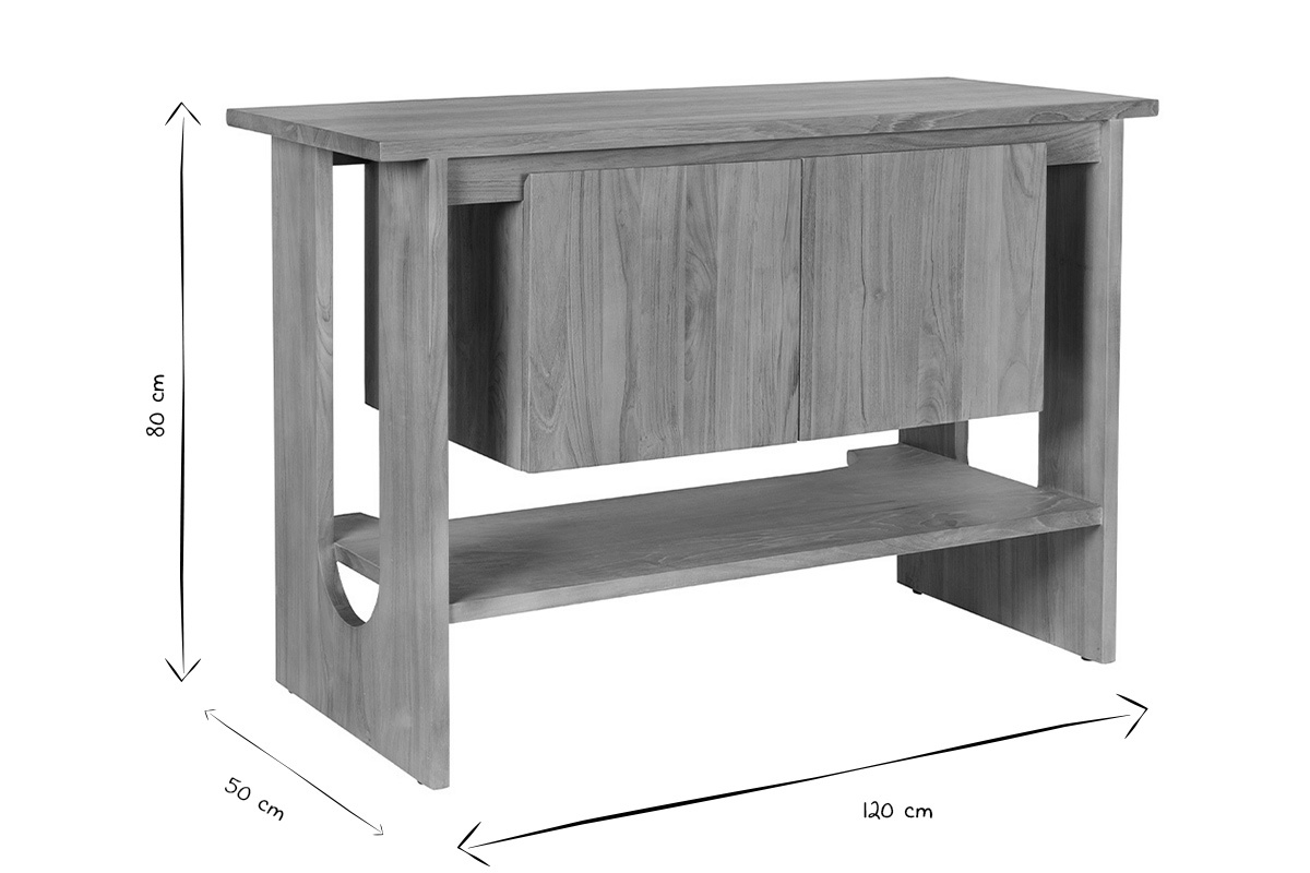 Dimensions du meuble de salle de bain en bois teck massif : L120 x P50 x H80 cm en noir et blanc.