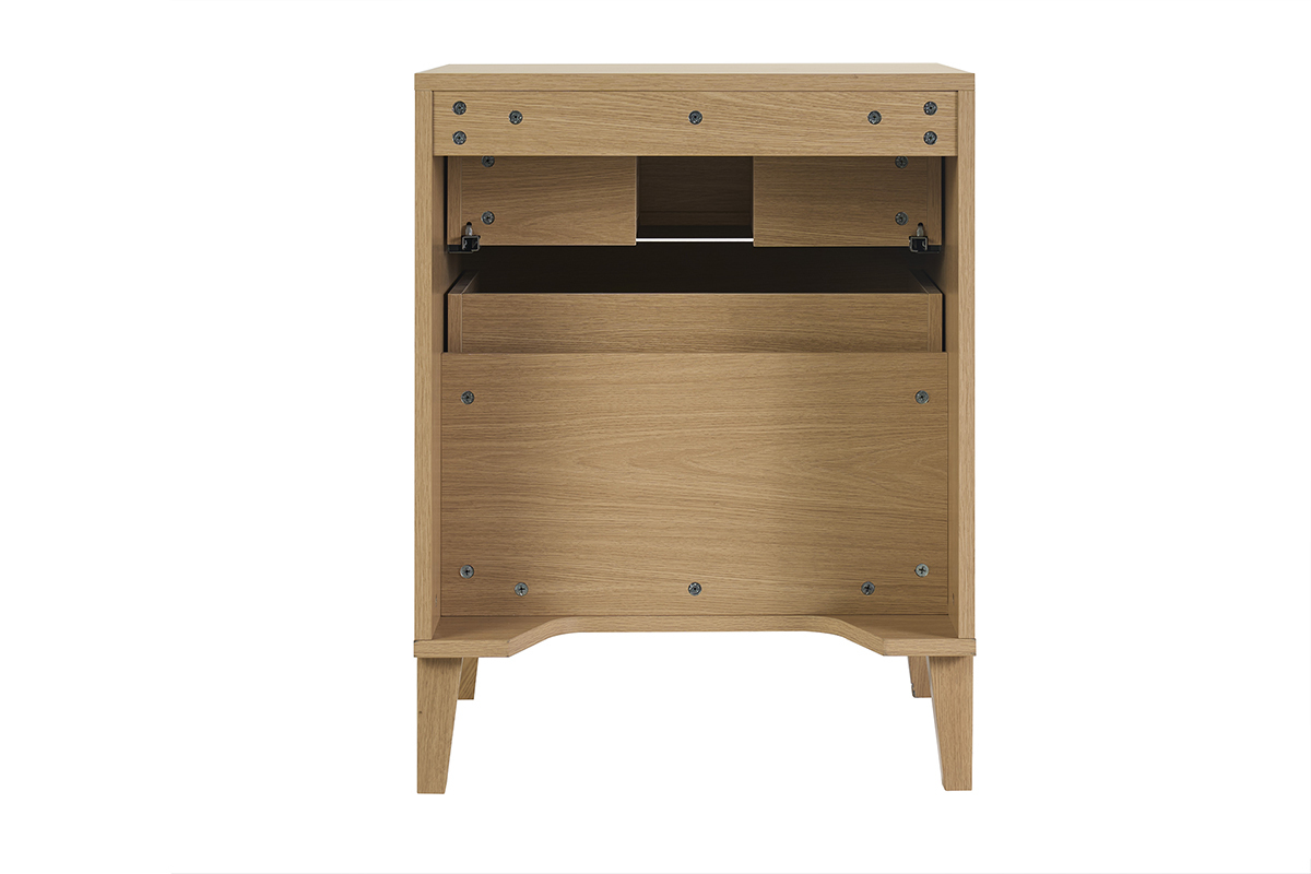 Meuble de salle de bain en bois ch�ne, avec trois tiroirs, vu de dos.
