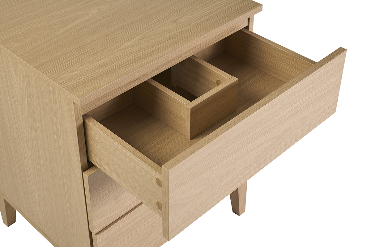 Meuble de salle de bain en bois ch�ne, vue de dessus avec tiroirs ouverts