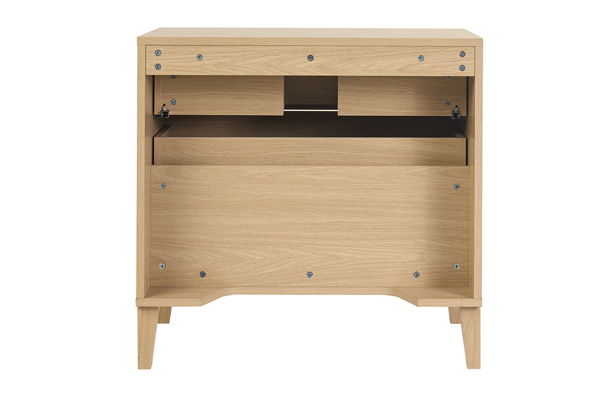 Meuble de salle de bain FREDDY finition bois ch�ne, vue de dos avec tiroirs ouverts.