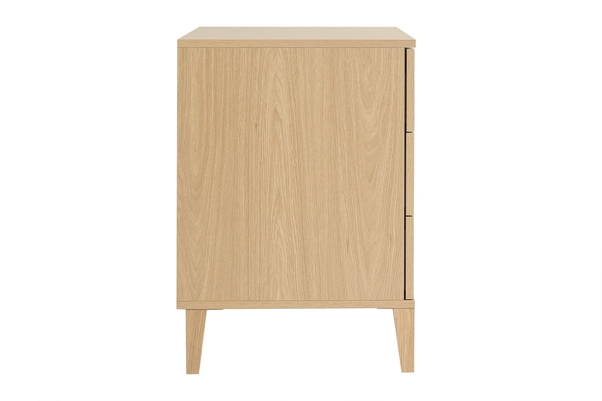 Meuble de salle de bain finition bois ch�ne, vue de profil, trois tiroirs sur le c�t� droit.