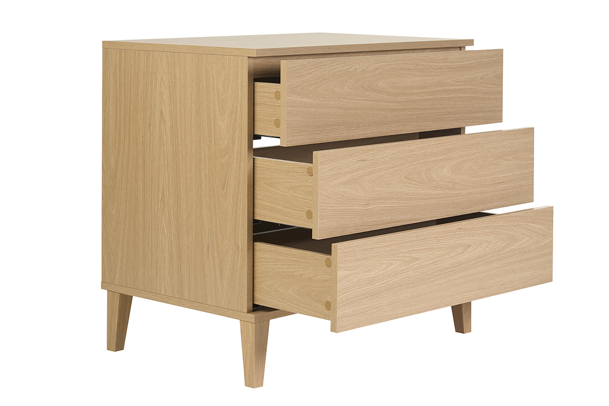 Meuble de salle de bain finition bois ch�ne, vue de 3/4 avec trois tiroirs ouverts.