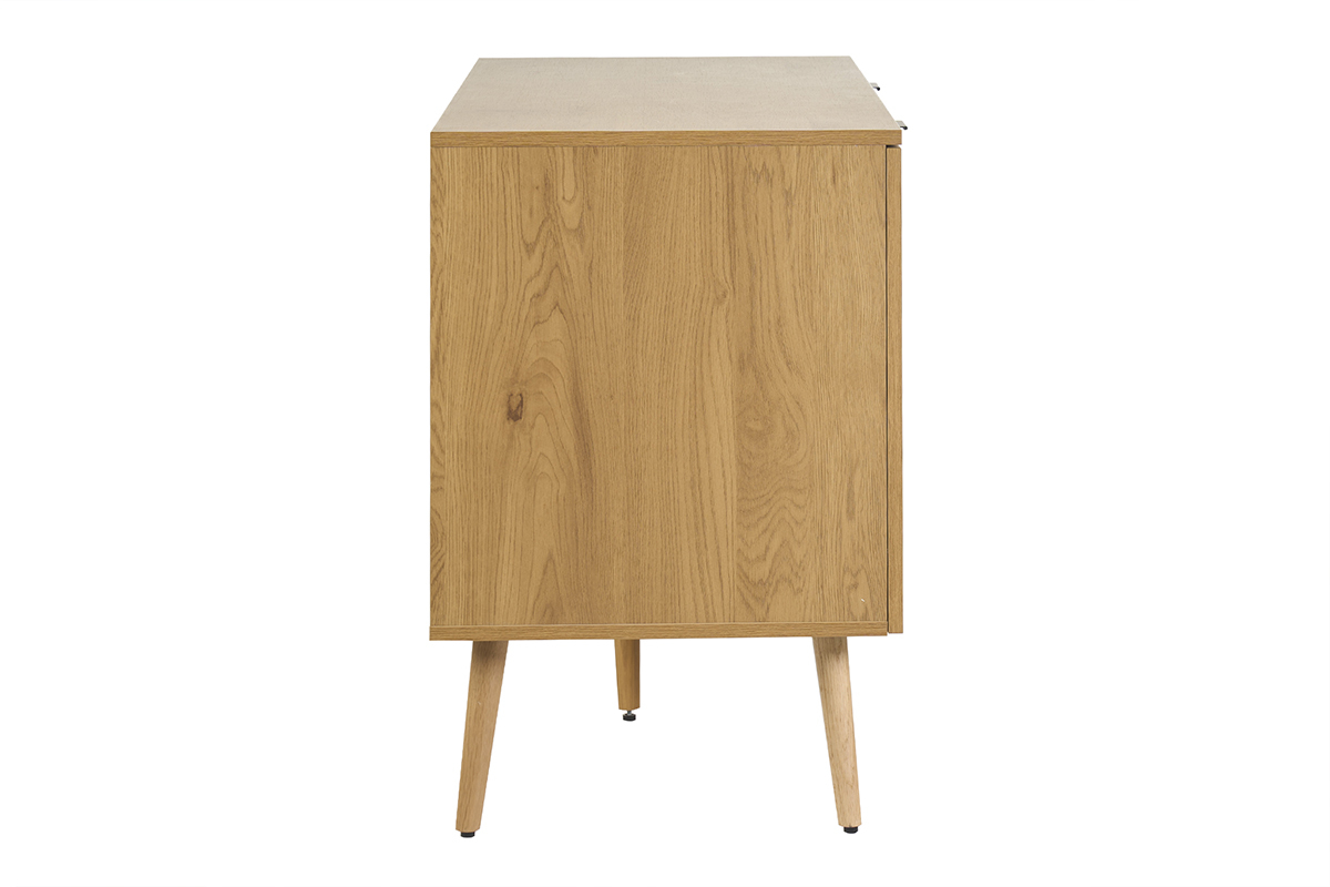 Meuble de salle de bain en bois clair avec cannage, vue de profil