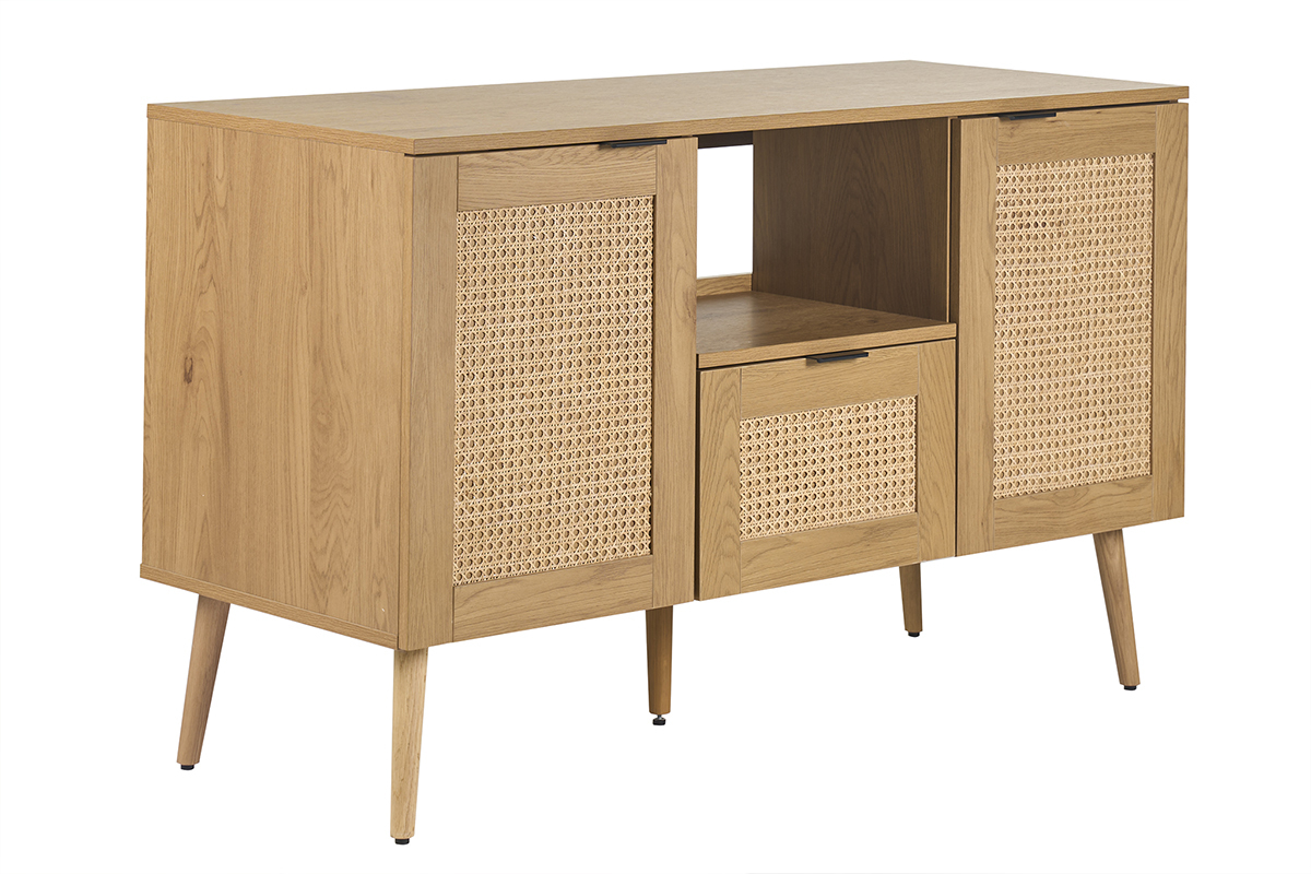 Meuble de salle de bain bois clair avec cannage rotin et tiroir, vue de trois-quarts