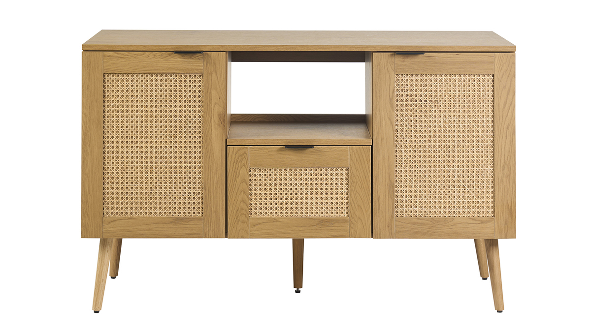 Meuble de salle de bain finition bois clair, cannage rotin et m�tal noir L120 cm MANILLE