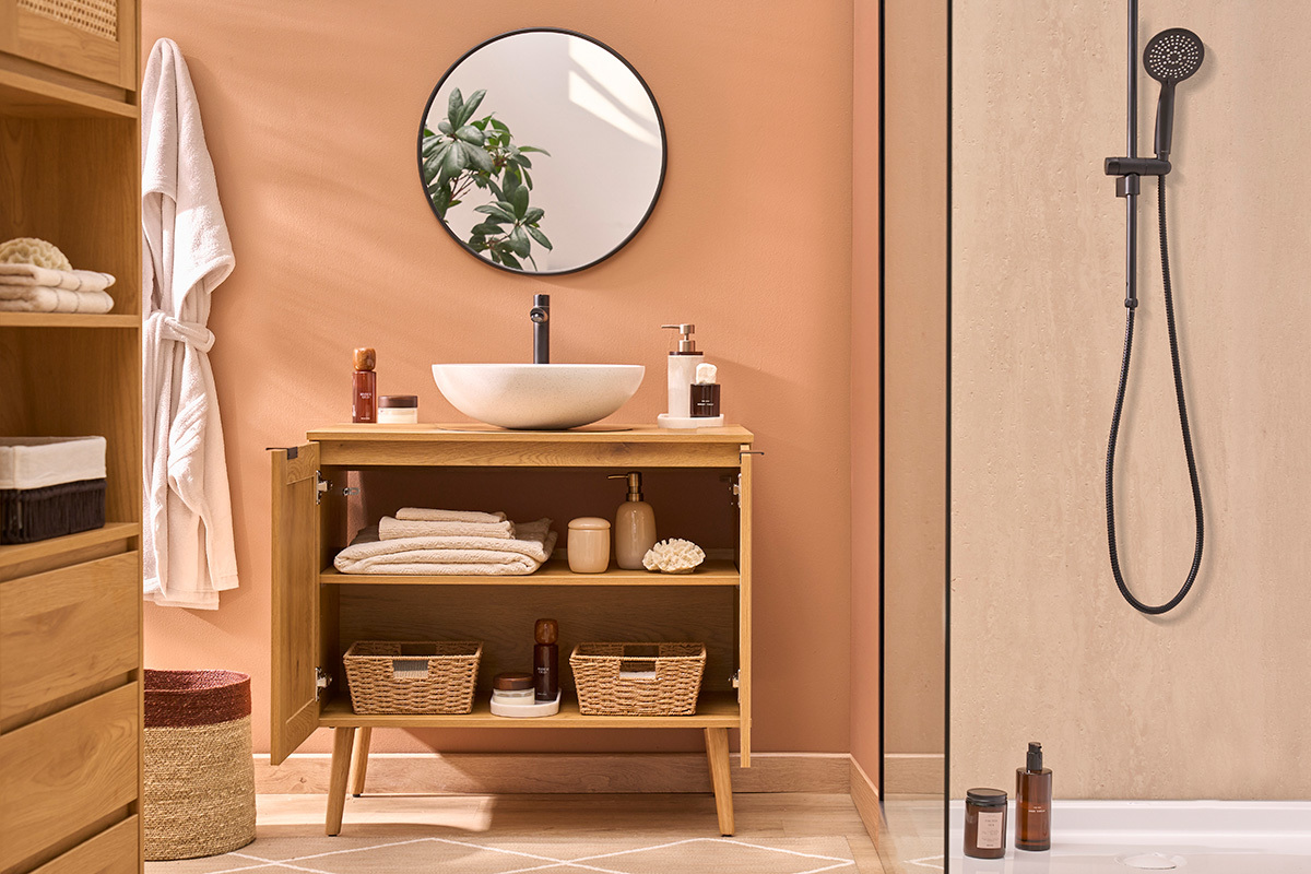 Meuble de salle de bain finition bois clair, cannage rotin et m�tal noir L80 cm MANILLE