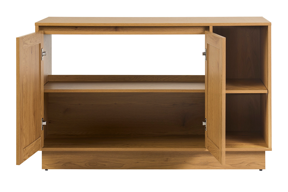 Meuble de salle de bain en bois clair ch�ne avec portes ouvertes, vue de face