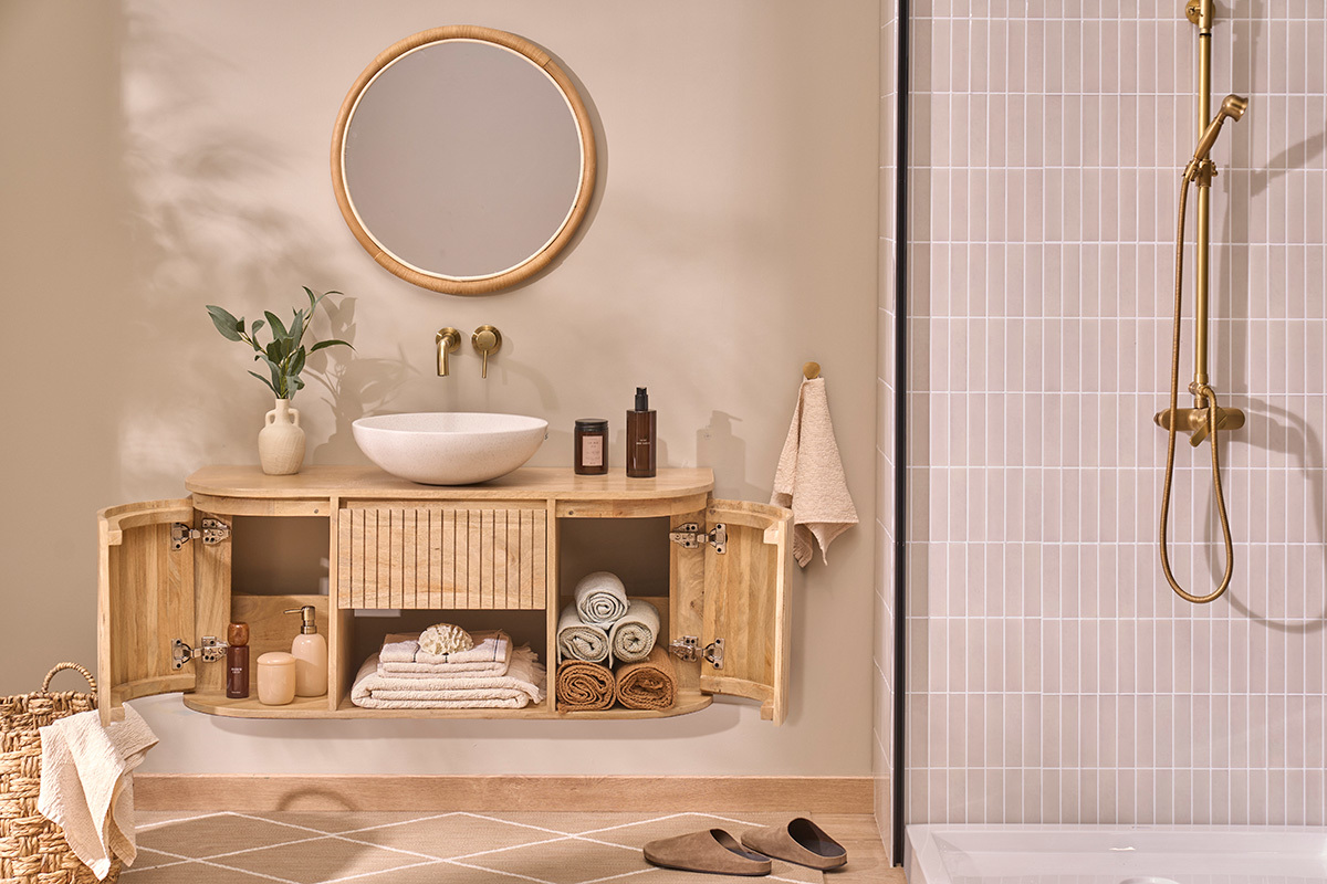Meuble de salle de bain suspendu en bois manguier massif L110 cm BALDO