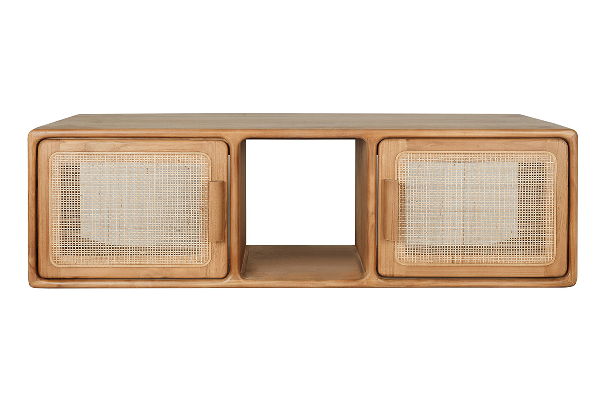 Meuble de salle de bain suspendu en bois teck, vue de face avec deux placards et une niche centrale.
