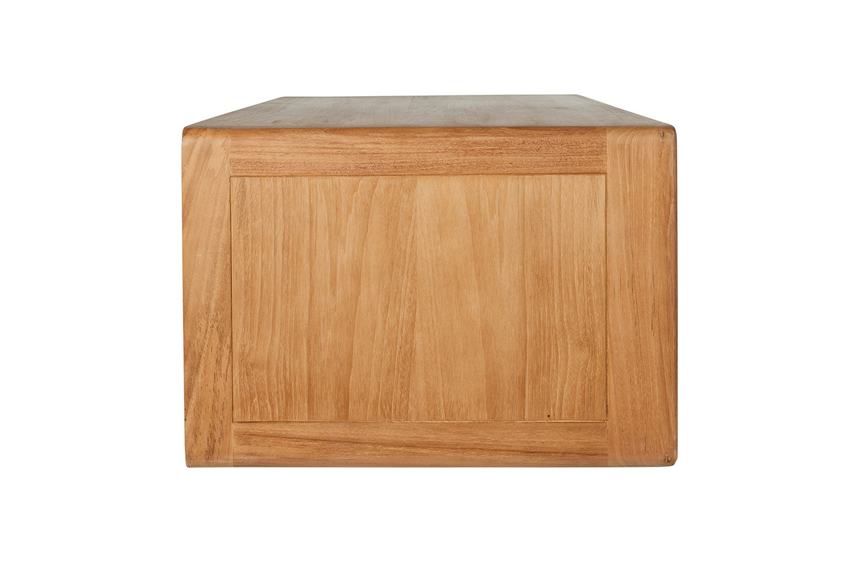 Meuble de salle de bain suspendu en bois teck massif, vue de profil, avec finition naturelle.