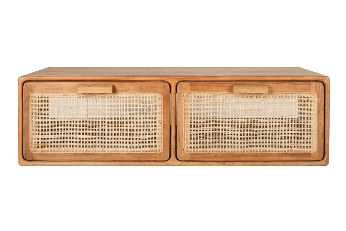 Meuble de salle de bain suspendu en bois teck massif avec fa�ade en cannage rotin, vue de face.