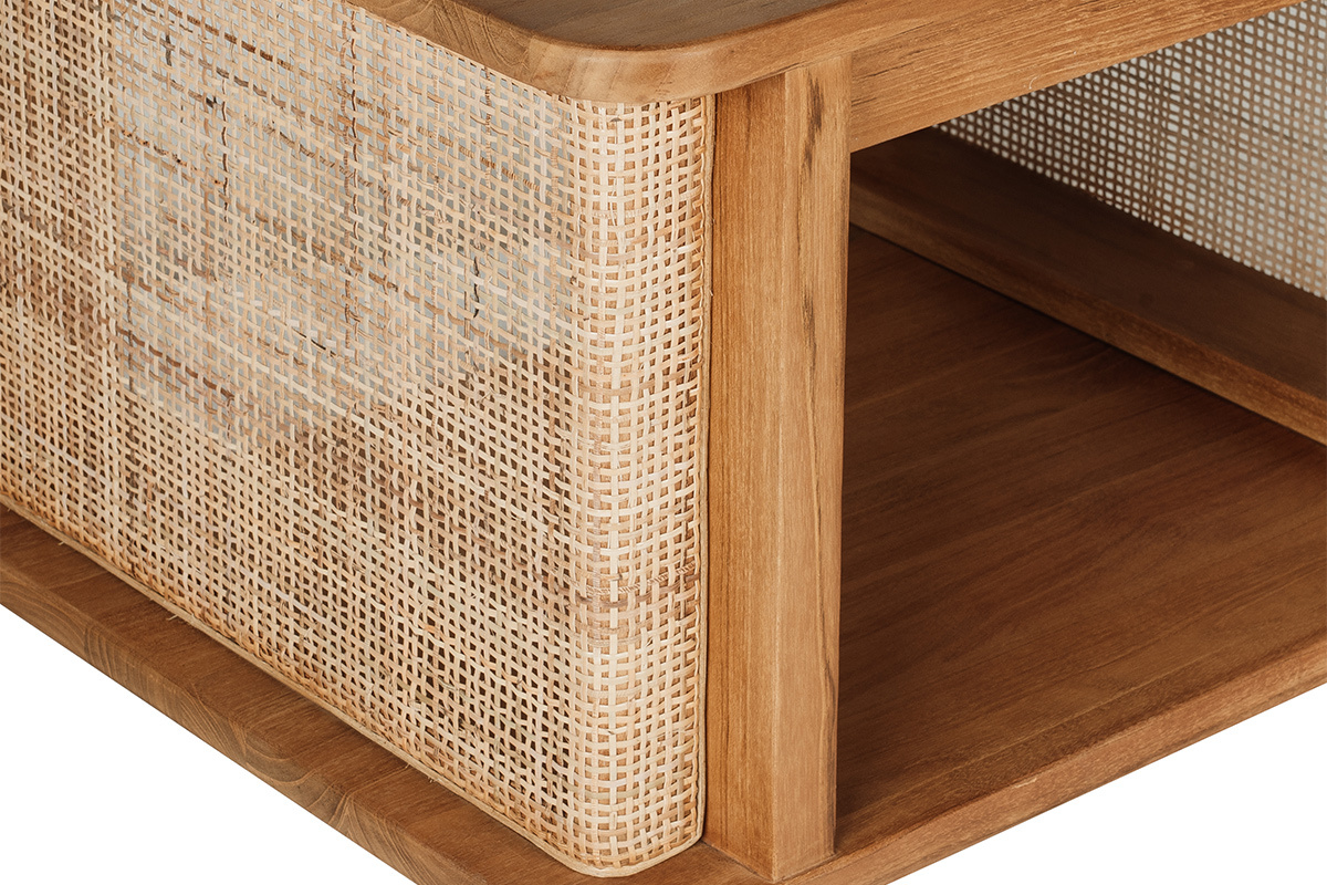 Meuble de salle de bain suspendu en bois teck massif et cannage rotin, angle sup�rieur droit.