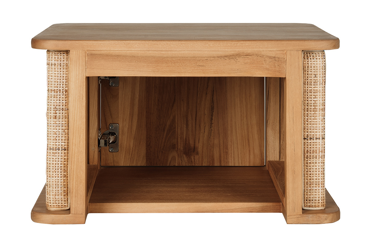 Meuble de salle de bain suspendu en bois teck et cannage rotin, vue de dos, L60 cm.