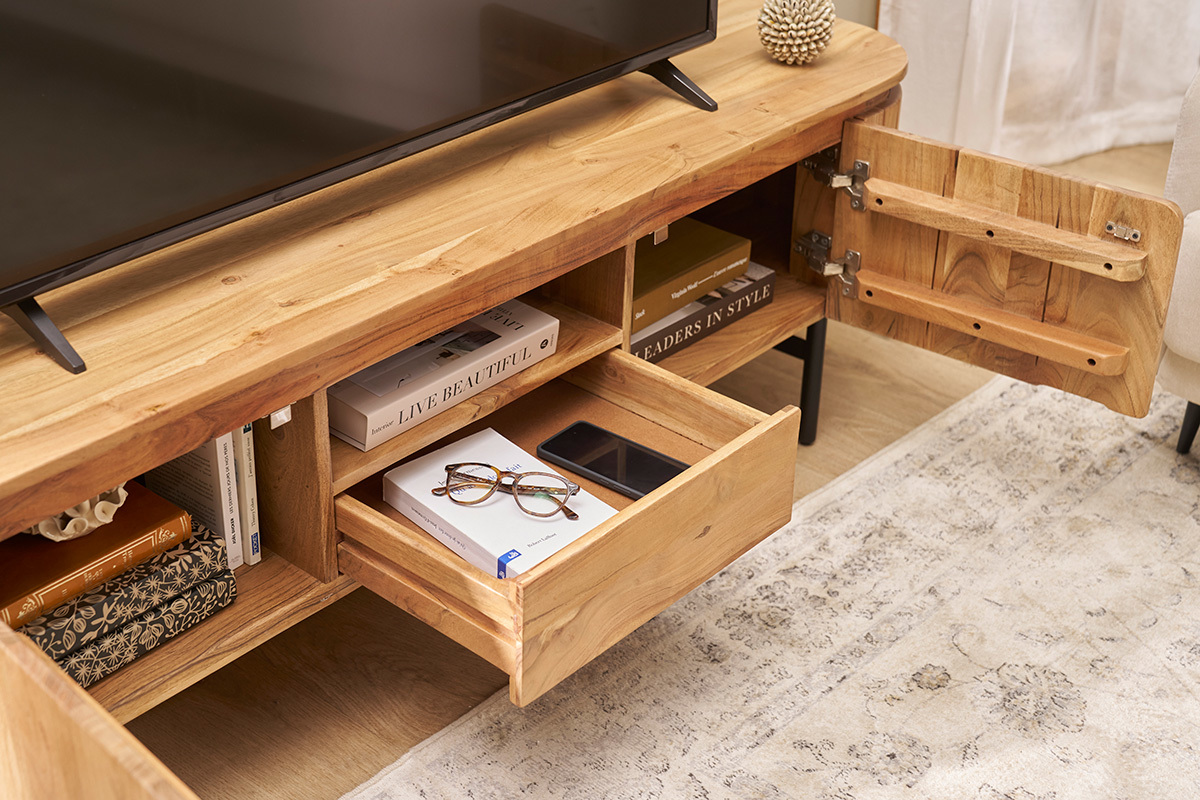 Meuble TV avec rangements en bois massif et m�tal noir L160 cm NAPOLI