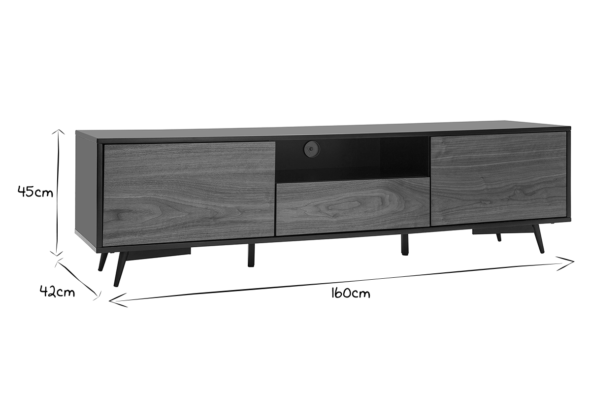 Meuble TV bois fonc� noyer, noir mat et m�tal noir 2 portes 1 tiroir L160 cm MERMOZ
