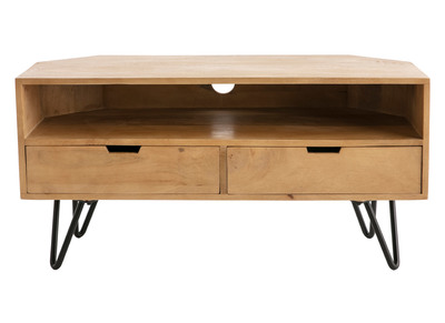 Meuble TV d'angle en bois manguier massif et m&eacute;tal noir L100 cm VIBES