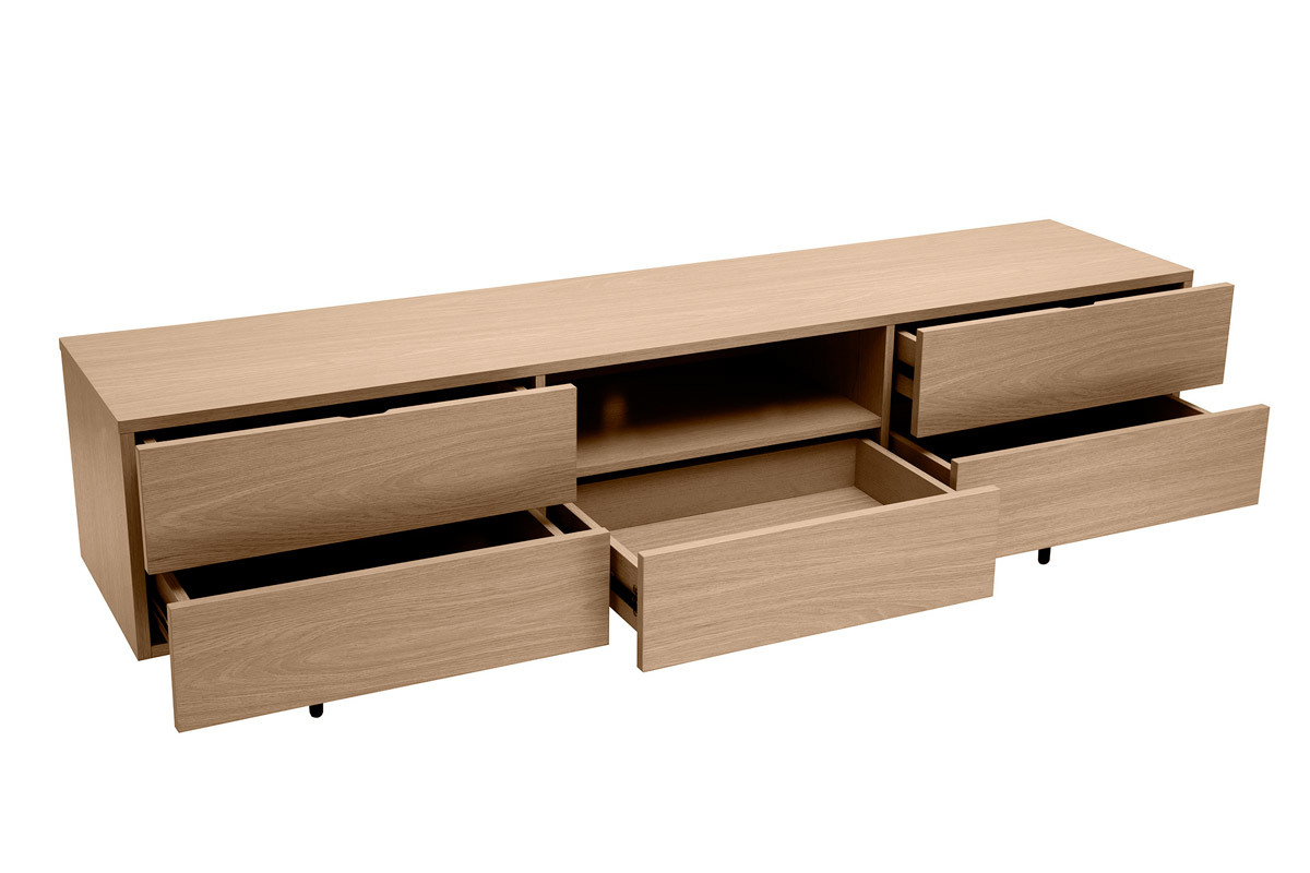 Meuble TV design avec rangements finition bois clair ch�ne et m�tal noir L180 cm ALASKA
