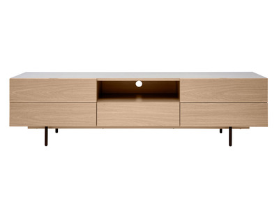 Meuble TV design avec rangements finition bois clair ch&ecirc;ne et m&eacute;tal noir L180 cm ALASKA