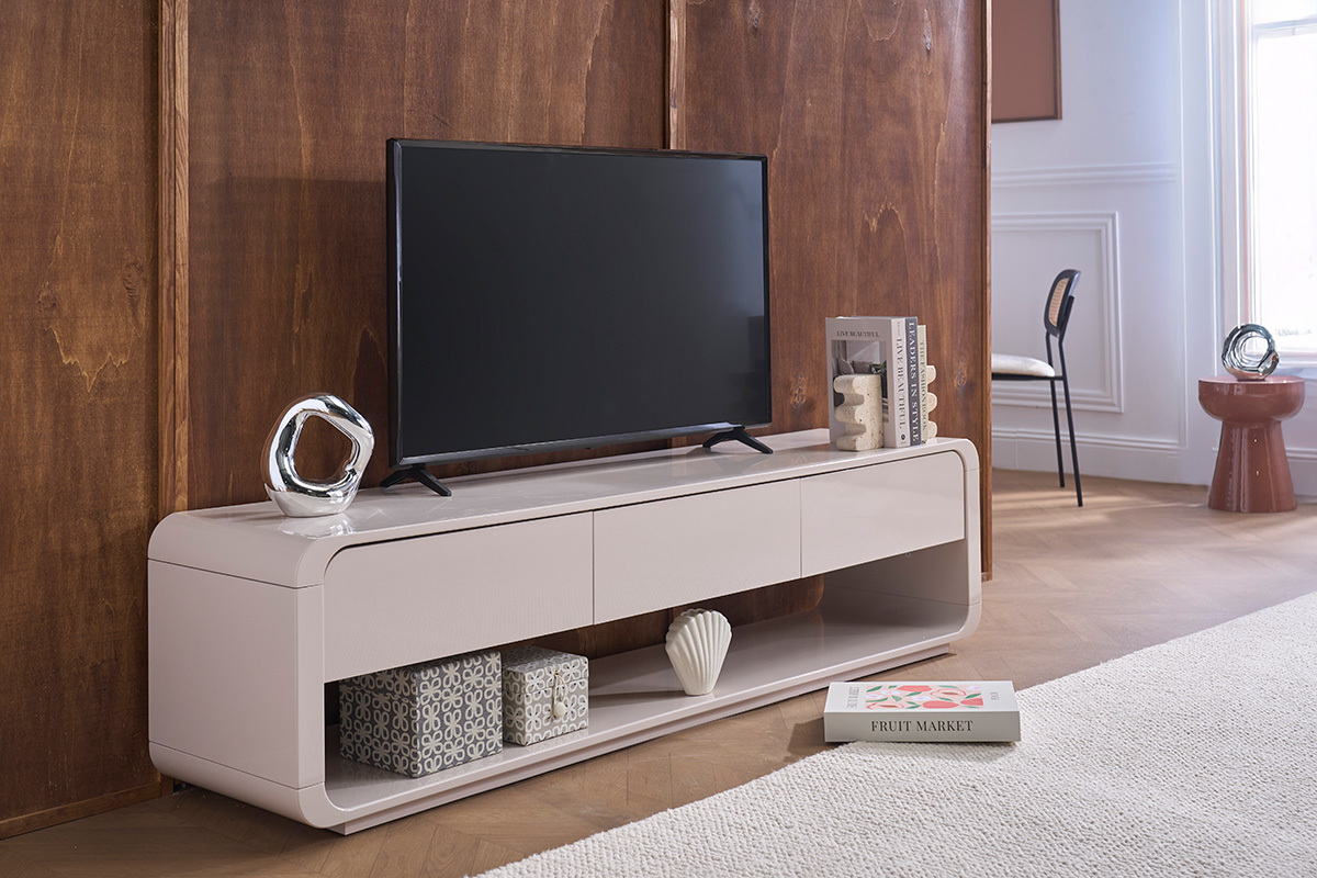 Meuble TV design beige laqu� brillant 3 tiroirs L180 cm SAILOR