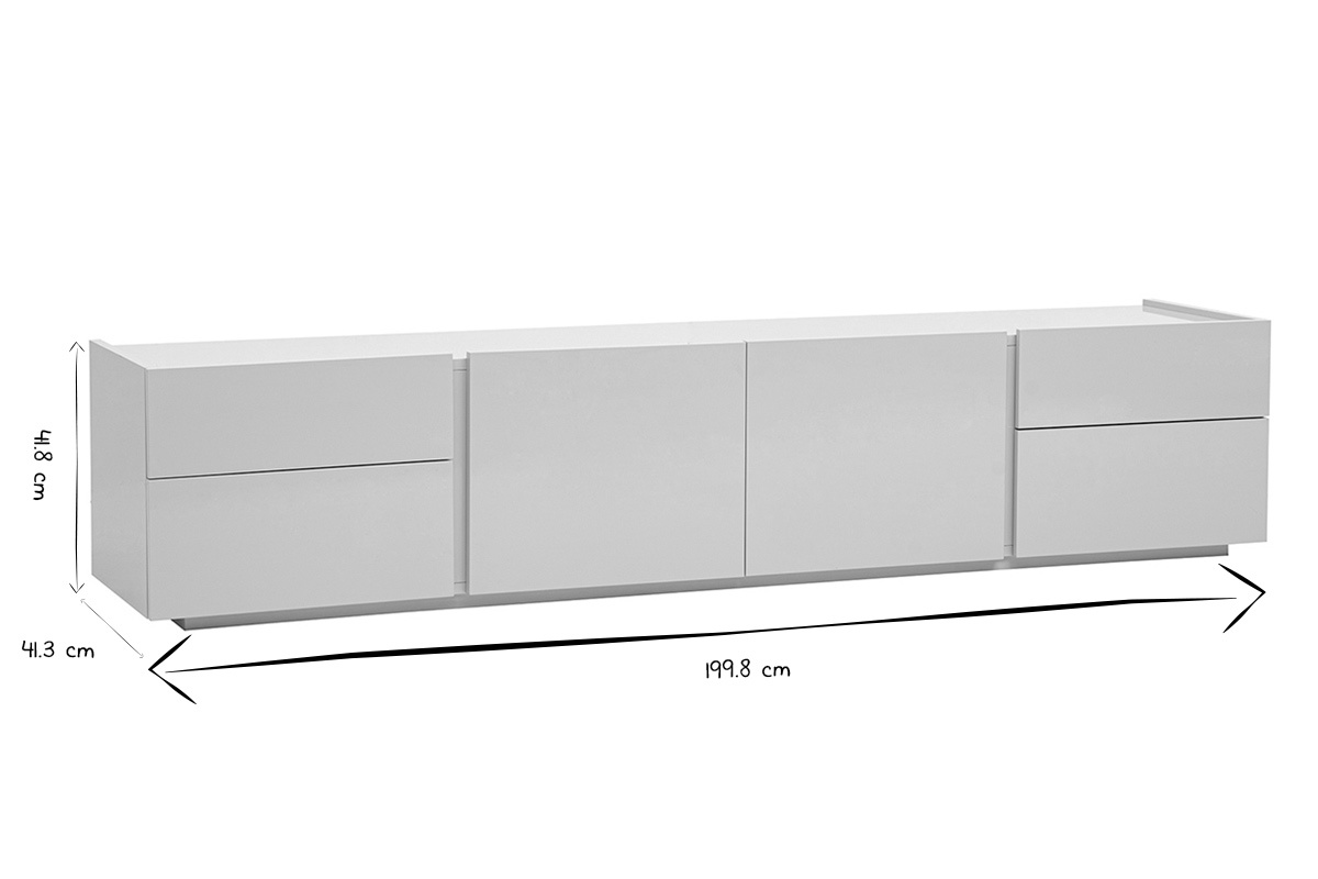 Dimensions du meuble TV design beige, 199.8 cm de long, 41.3 cm de haut.
