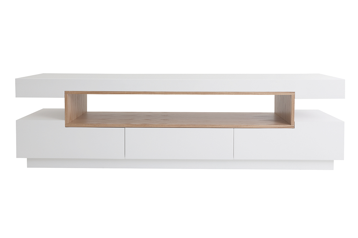 Meuble TV blanc laqu� avec insert en bois, trois tiroirs, vue de face.