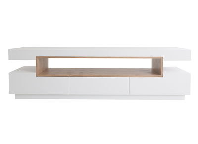 Meuble TV design blanc laqu&eacute; brillant et bois L200 cm LIVO
