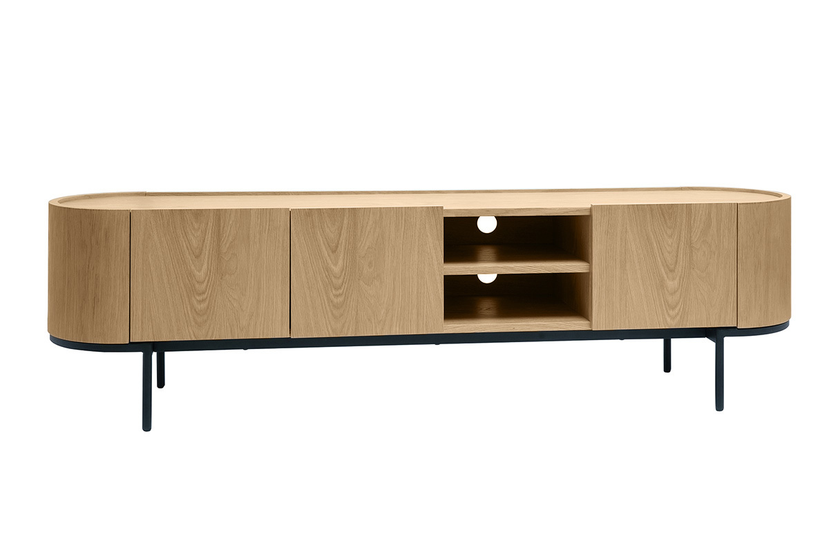 Meuble TV design bois clair et m�tal noir avec rangements L180 cm SKYE